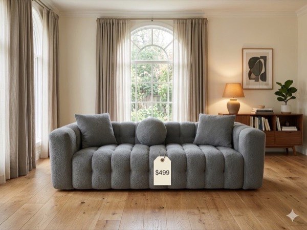 Grey channel-tufted sofa with $499 outlet price tag